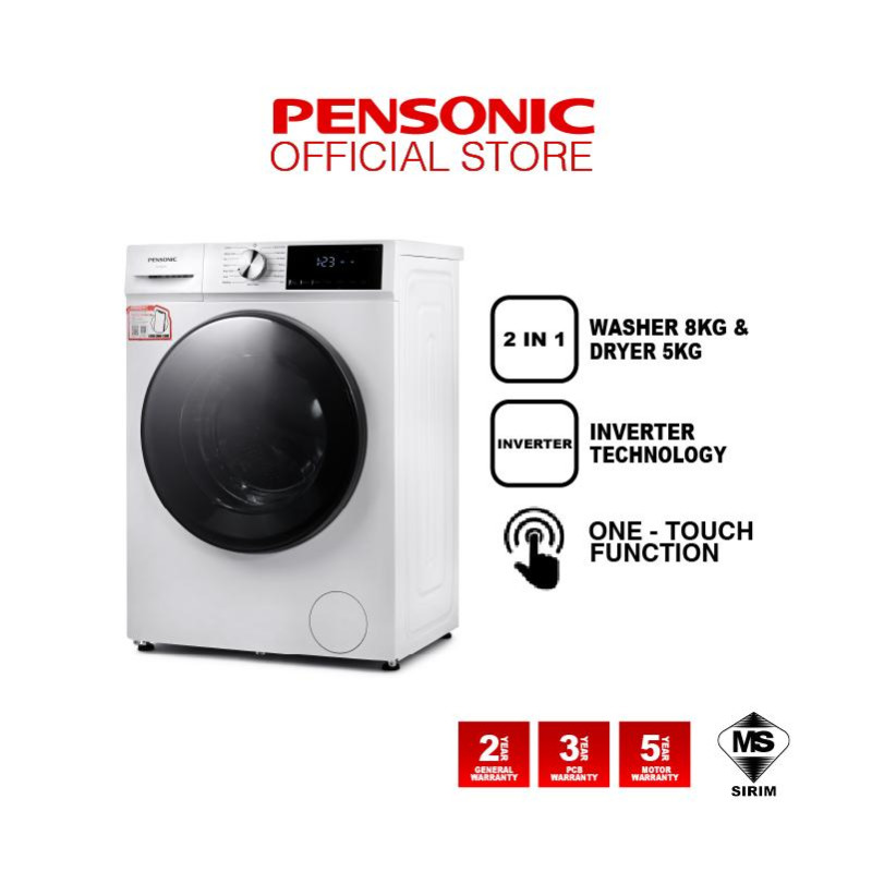 Pensonic INVERTER Front Load Washing Machine | 8kgs 2-in-1 Dryer and Washer | PWA-8050FC