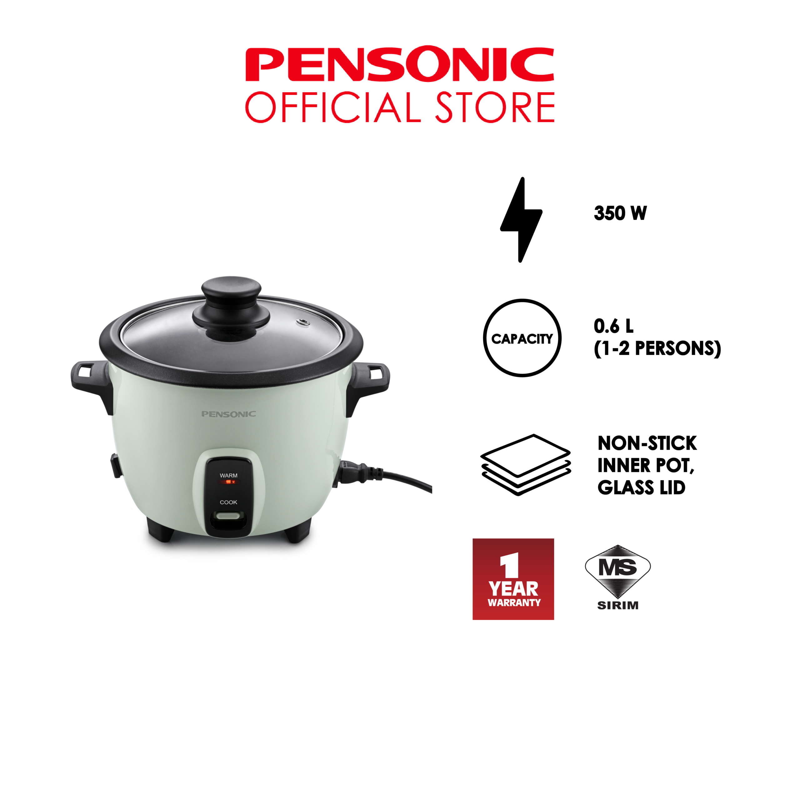 Pensonic Rice Cooker 0.6L | PRC-606G
