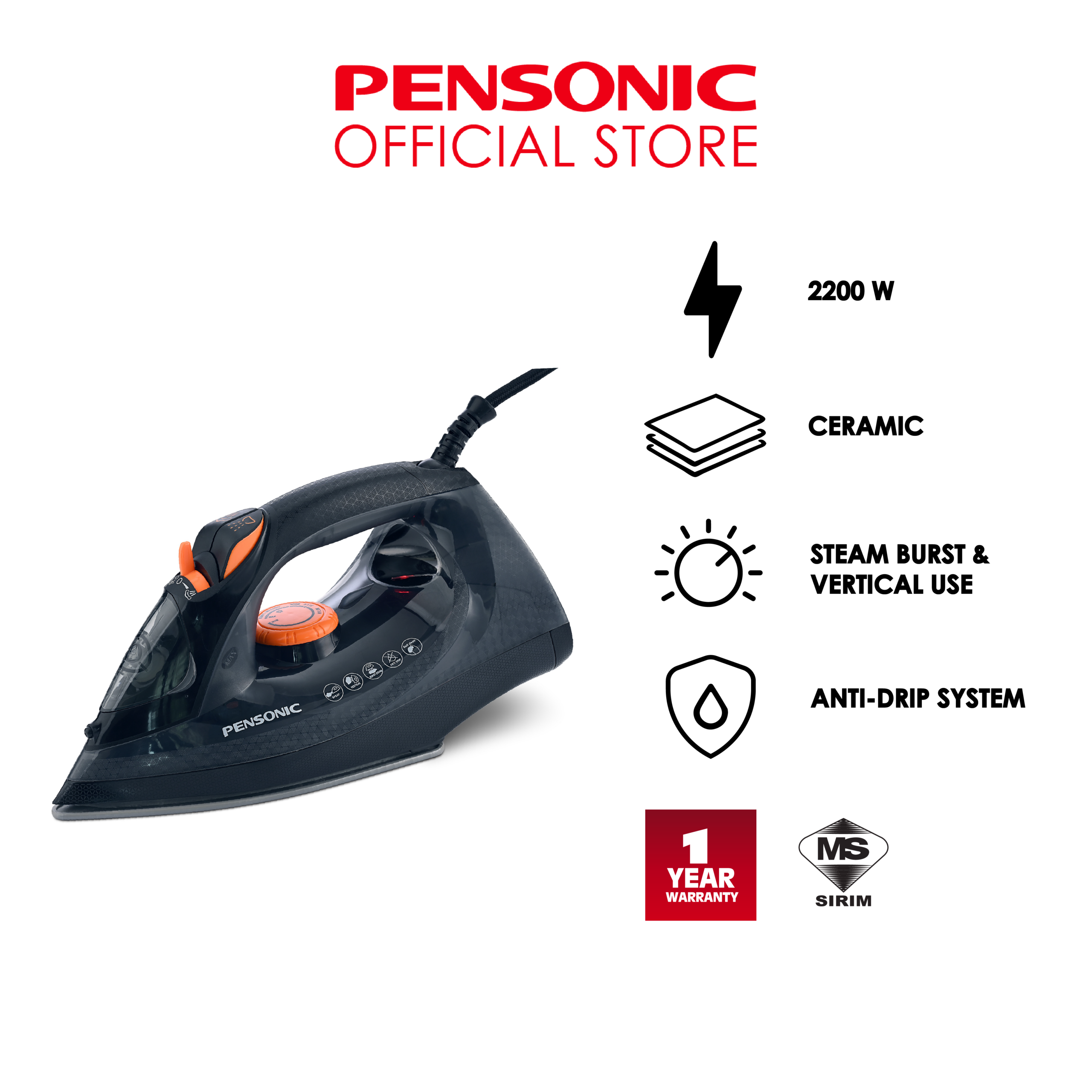 Pensonic Steam Iron With Ceramic Soleplate | PSI-1007C